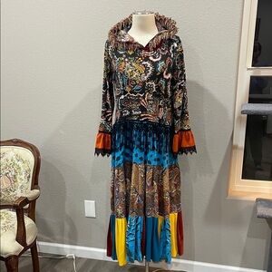 Upcycled Multicolor BoHo maxi dress with hood and ruffle